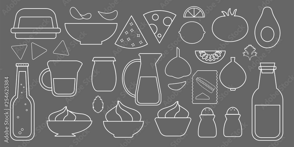 Основные RGBIllustration set of ingredients for making sauces. Simple style on a dark background. Food. Основные RGBIllustration set of ingredients for making sauces. Simple style on a dark background. Food.