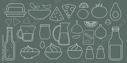 Illustration set of ingredients for making sauces. Simple style on a dark background. Food.