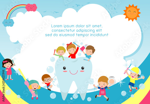 Children cleaning teeth with toothbrush, Template for advertising brochure, your text, kid and frame, background Illustration