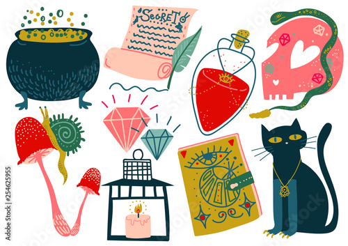 Magic Objects Set, Witch Mystery Symbols , Magic Show Equipment Vector Illustration