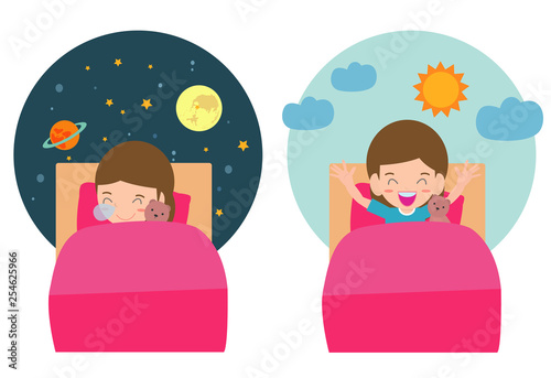 Vector Illustration Of Kid Sleeping And Waking, child sleeping on tonight dreams, good night and sweet dreams. he wake up in the morning.