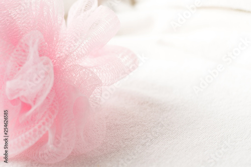 pink mesh shower sponge aka Bath puff, Bath Body Scrubber Loofah on white background