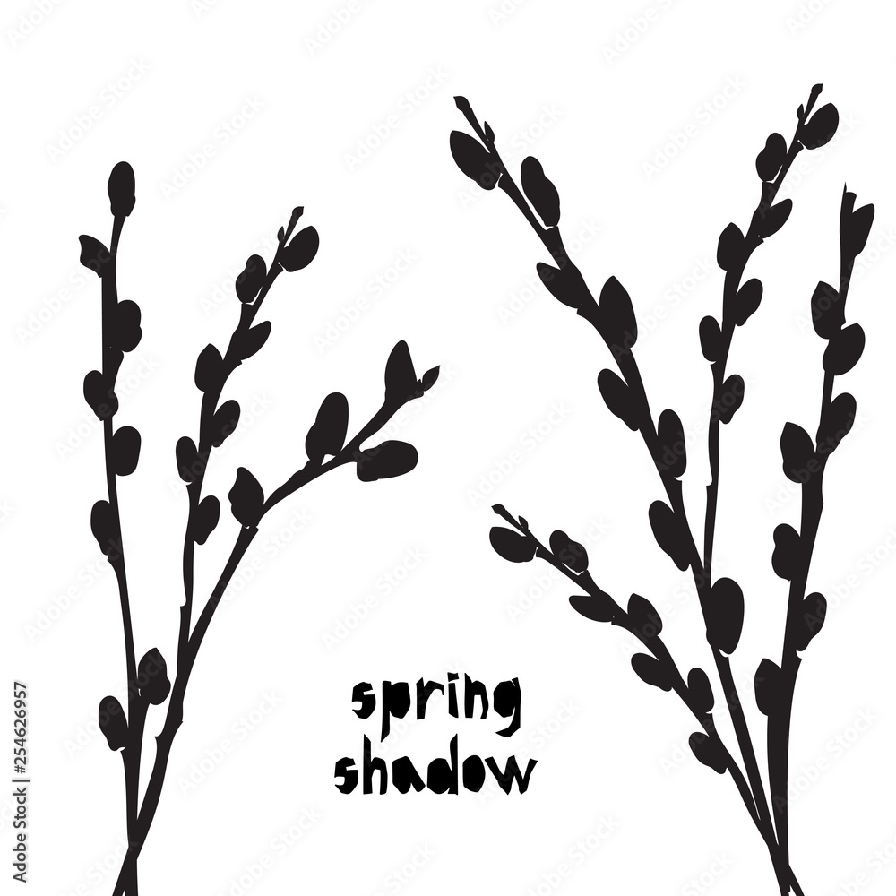 Pattern with black pussy willow silhouette shadow isolated on white  background. Vintage fabric textile, fashion summer print design, exotic  poster Stock Vector | Adobe Stock