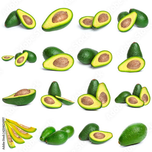 Set with avocado on white background