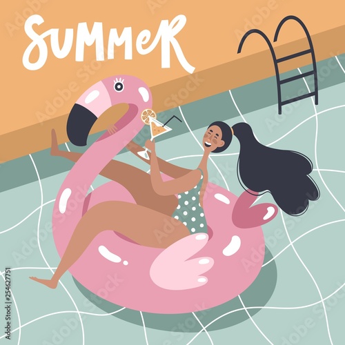 Hand drawn summer card with girl swimming on pink flamingo float circle. Trendy flat cartoon character with handwritten phrase "summer". Summer Holiday poster.