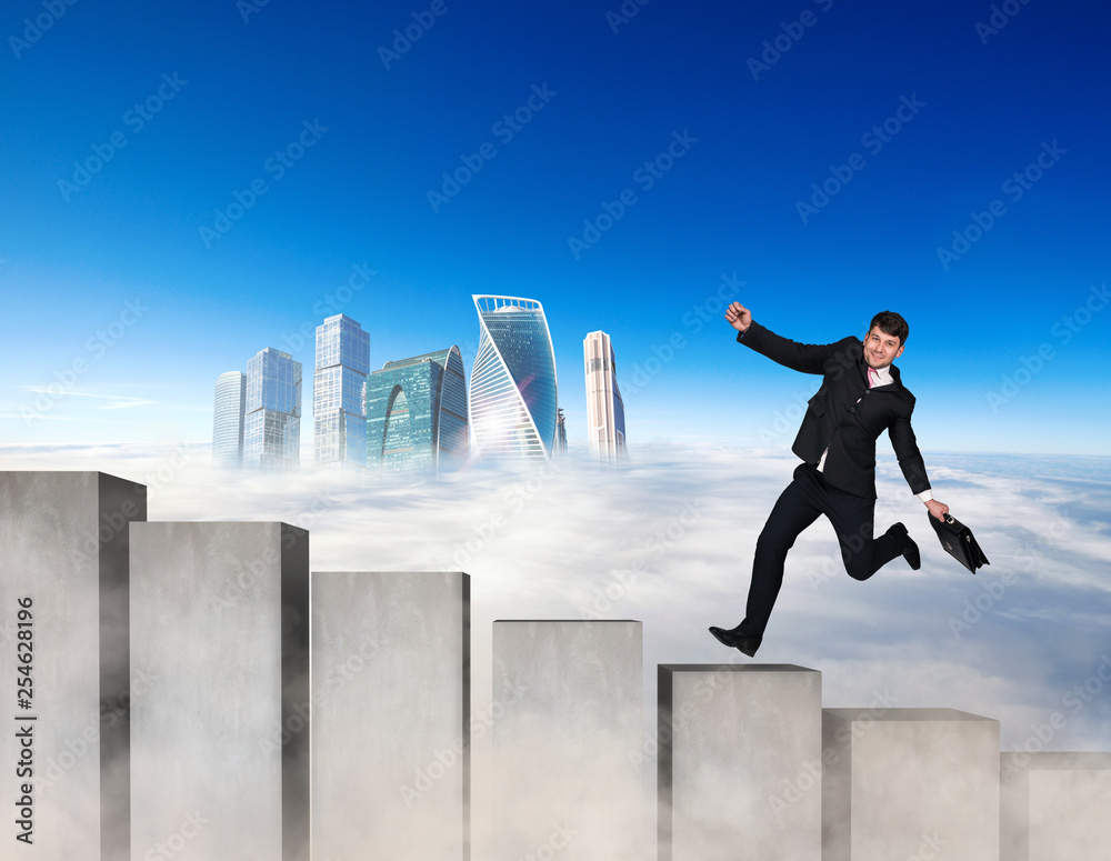 Businessman running on the concrete stairs blocks. Businessman running on the concrete stairs blocks.