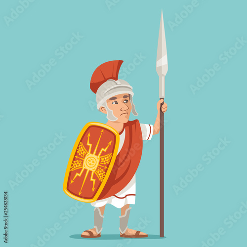 Spearman legionnaire warrior soldier spear shield greek roman retro vintage character icon cartoon design vector illustration