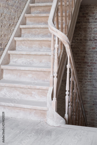 Bilde på lerret sandblasted wooden staircase during renovation in an old house