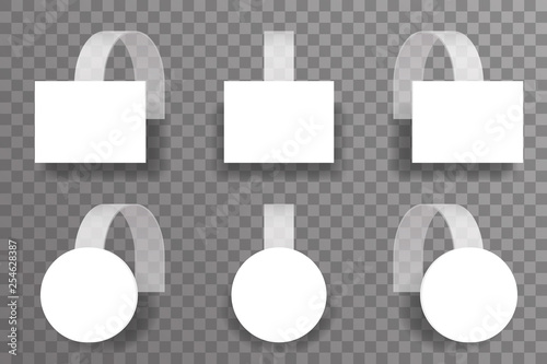 Supermarket sale discount wobbler template blank plastic tags 3d realistic mockup transparent background vector illustration