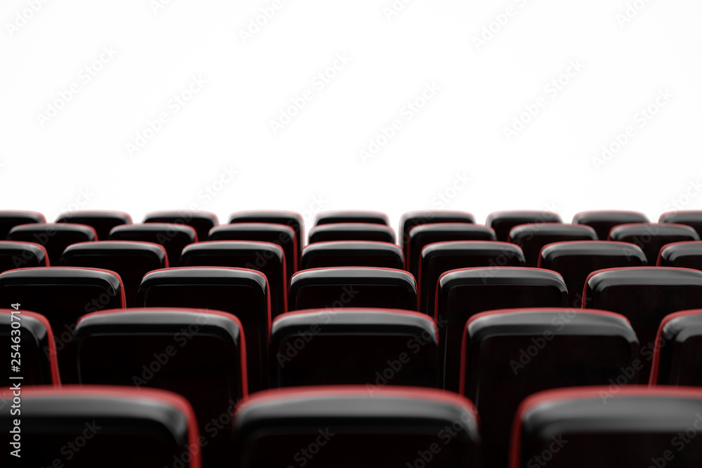 Obraz premium Cinema with empty seats, blank screen, mockup. Movie concept. 3D illustration