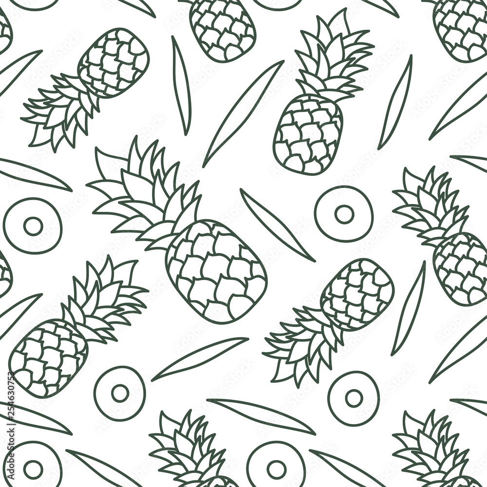 Pineapple seamless pattern. Hand drawn fresh exotic fruit. Vector sketch background. Doodle wallpaper