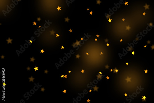 Gold stars bokeh overlay, stars photo overlay, abstract background, shiny gold and yellow stars flowing around. Photo overlay effect, stars bokeh on black background, JPG file.