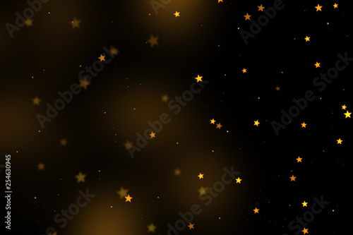 Gold stars bokeh overlay, stars photo overlay, abstract background, shiny gold and yellow stars flowing around. Photo overlay effect, stars bokeh on black background, JPG file.