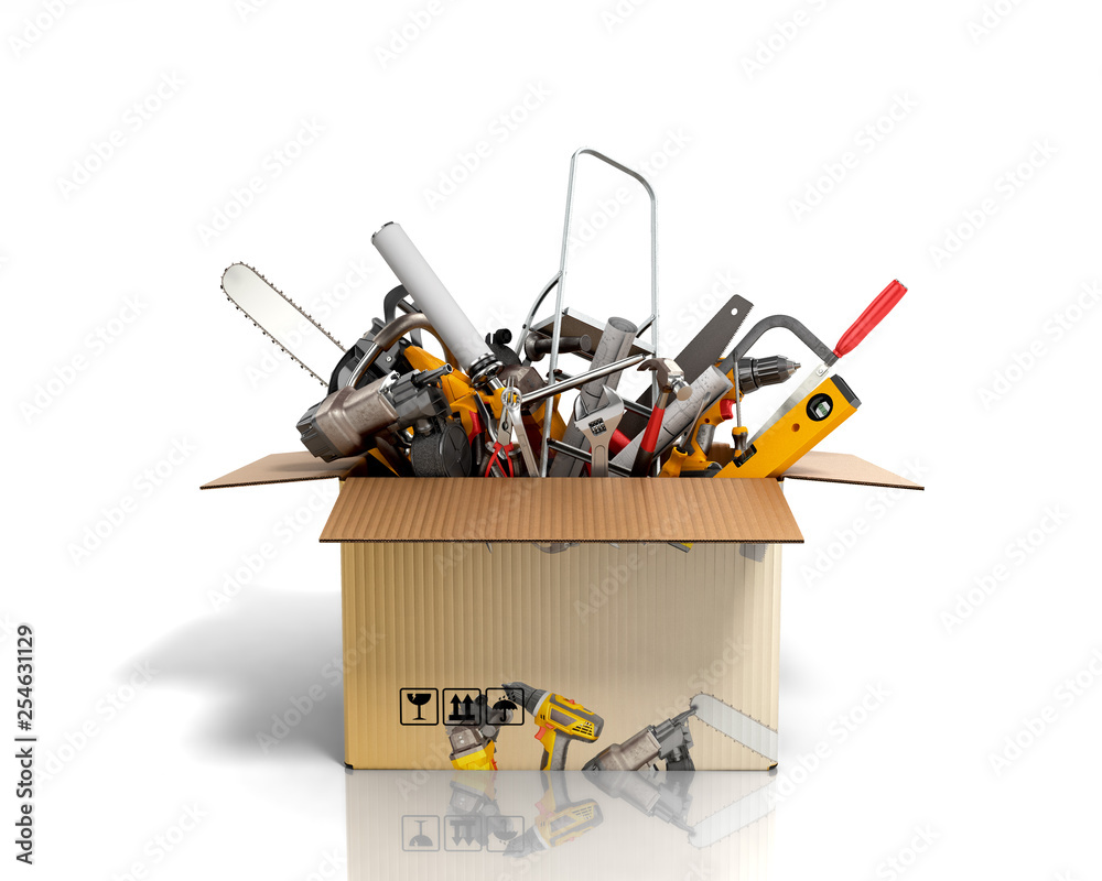 concept of product categories construction tool in the box on white background concept of product categories construction tool in the box on white background