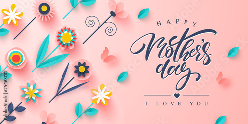 Happy Mothers day greeting card. Paper cut flowers, holiday background. Vector illustration.