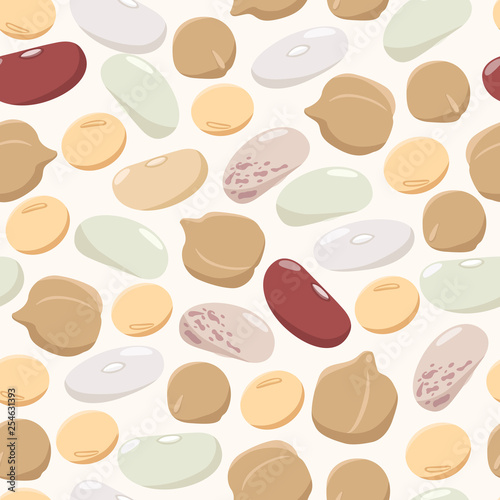 Legumes seamless pattern in flat design. Beans, chickpeas, peas, soybeans isolated on light background, bean plant fruits texture.