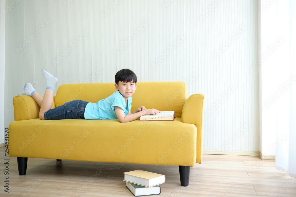 Asian cute boy reading textbook and bedding on sofa. Children's learning concept. Asian cute boy reading textbook and bedding on sofa. Children's learning concept.