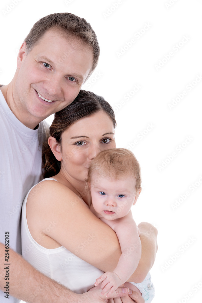 Glückliche Familie mit Baby kuschelt Porträt Glückliche Familie mit Baby kuschelt Porträt