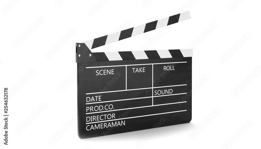 3d illustration of open movie clapper or clapperboard isolated on white background. Black film clapper with fields for your text. The subject of the film industry.