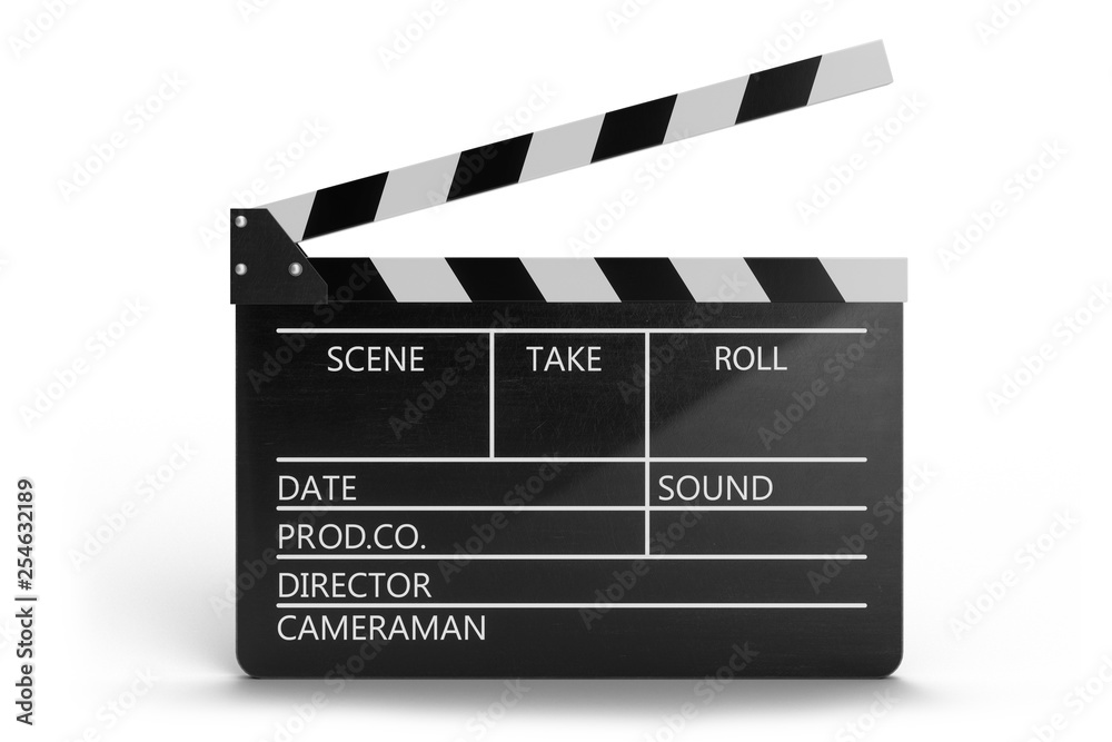 Fototapeta premium 3d illustration of open movie clapper or clapperboard isolated on white background. Black film clapper with fields for your text. The subject of the film industry.