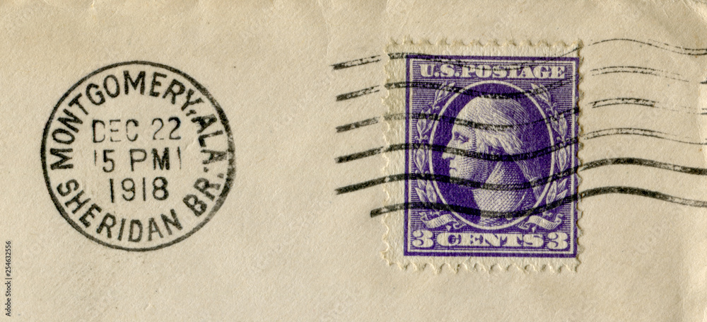 The United states of america - 22 Dec 1918: American historical stamp: three cents with George Washington with black ink postal cancellation, Alabama, Montgomery, Sheridan