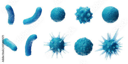 Abstract background virus. Set of virus. Virus icon set. Virus isolated on white background. Colorful bacteria, microbes fungi. Pathogenic viruses that cause harm to a living organism. 3D Illustration © YustynaOlha