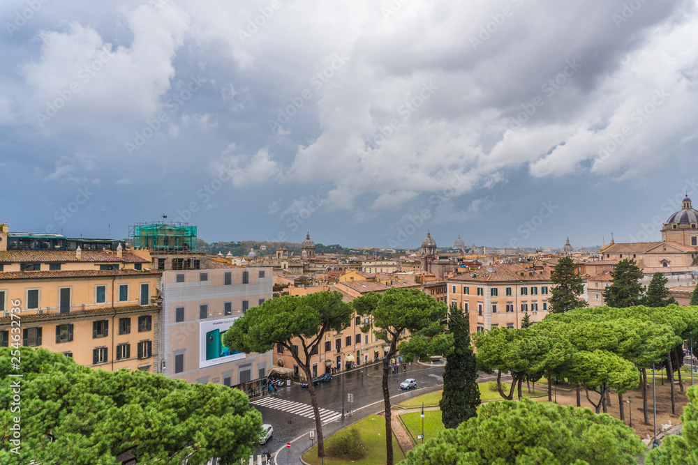 View above downtown of Rome, Italy. Beautiful city view beafore rain