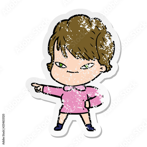 distressed sticker of a cartoon happy woman