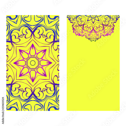 Ethnic Mandala Ornament. Templates With Mandalas. Vector Illustration For Congratulation Or Invitation. The Front And Rear Side. Yellow, rainbow color