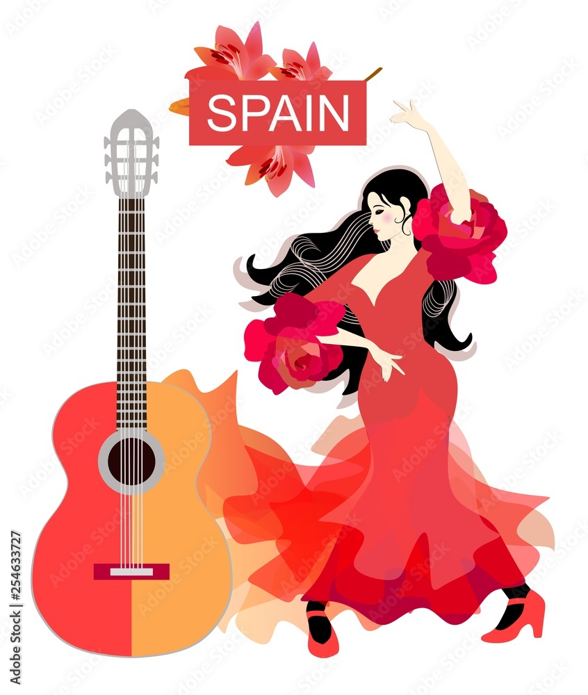 Spanish girl in red dress dancing flamenco next to yellow-red guitar on white background. Ruffles on the sleeves in the form of rose flowers. Strands of hair in the form of musical rulers. Poster. Spanish girl in red dress dancing flamenco next to yellow-red guitar on white background. Ruffles on the sleeves in the form of rose flowers. Strands of hair in the form of musical rulers. Poster.