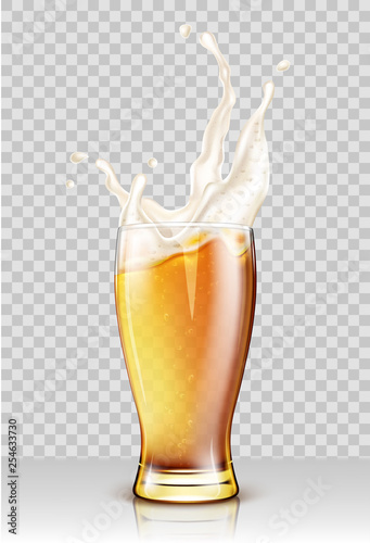 Glass with splashing beer isolated on transparent background