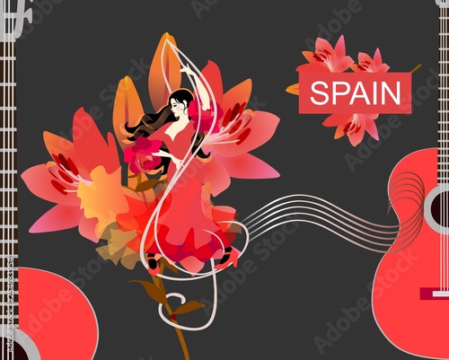 Flamenco girl dancer in red dress, treble clef and musical rulers, guitars silhouettes and large lilies flowers on black background.