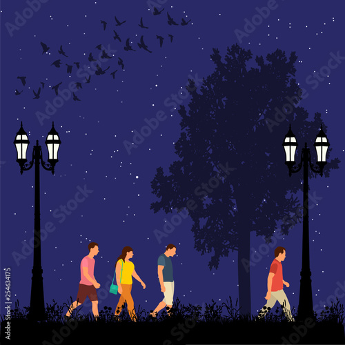 vector, isolated, flat style; people walk in the park in the evening