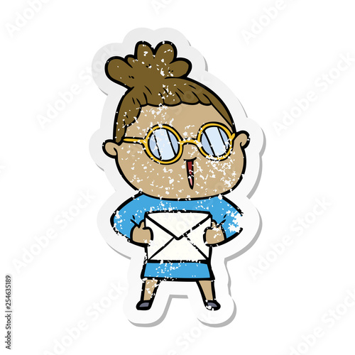 distressed sticker of a cartoon woman wearing spectacles