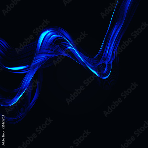 Abstract shiny color blue wave design element on dark background. Science or technology design
