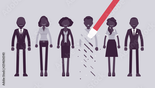 Person rubbed out and removed with eraser. Man obliterated from group of people, moved from business team, blocked in friends chat service, forbidden contacts. Vector illustration, faceless characters