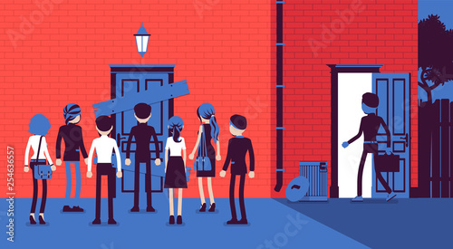 Back door rear entrance, indirect dishonest access. Smart man solving problem by trick and deceit, achieving business goal in cunning way, finds hidden opportunity, fraud cheating. Vector illustration