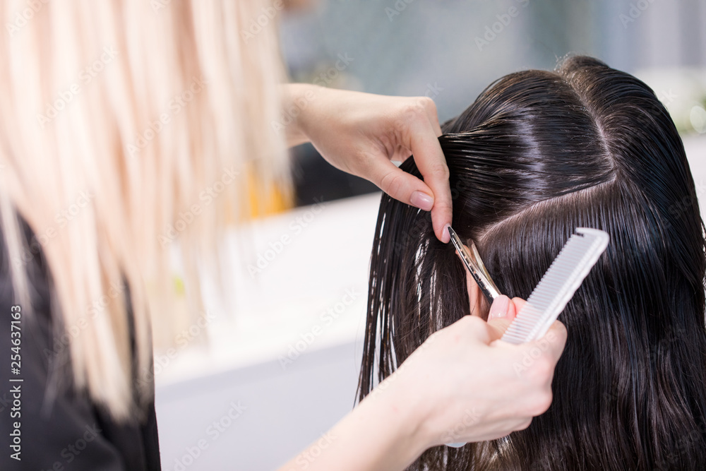 Naklejka premium Close up of barber stabbing client's hair using hairdressing clothespin in saloon