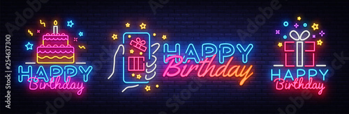 Big collectin neon signs for Happy Birthday. Neon Banner Vector. Happy Birthday neon sign, design template, modern trend design, night light signboard, night bright advertising. Vector illustration