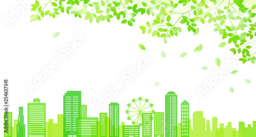 Cityscape facing from fresh green sunbeams