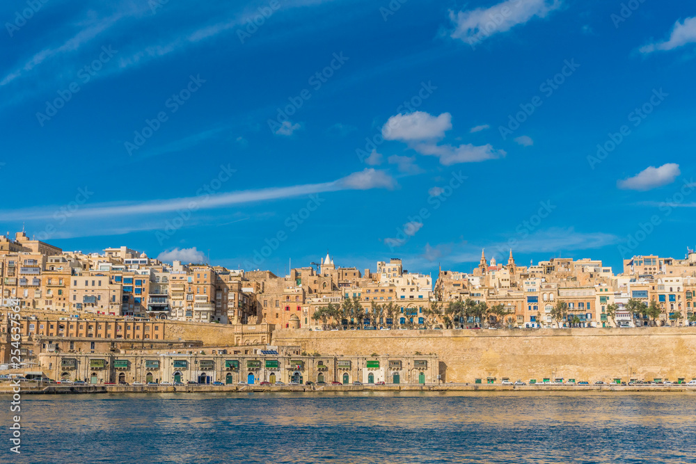 Malta - November, 2018: View on the harbors of Malta cities from the boat trip.