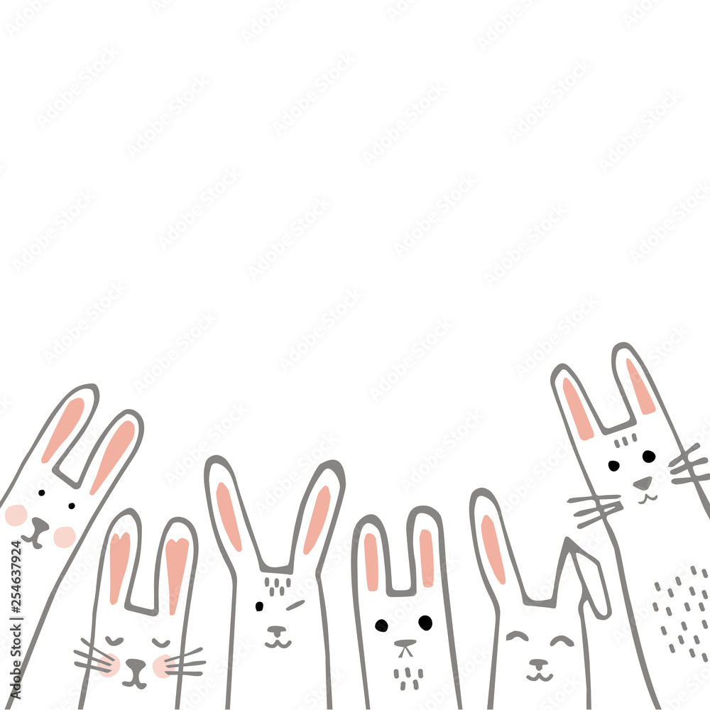 Fototapeta premium Happy Easter banner frame with funny bunny faces. Rabbits border or greeting card. Vector