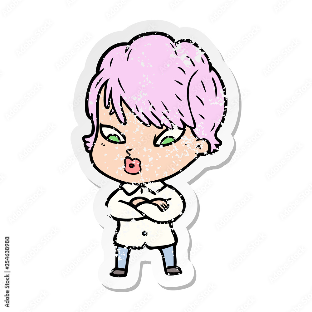 distressed sticker of a cartoon woman distressed sticker of a cartoon woman
