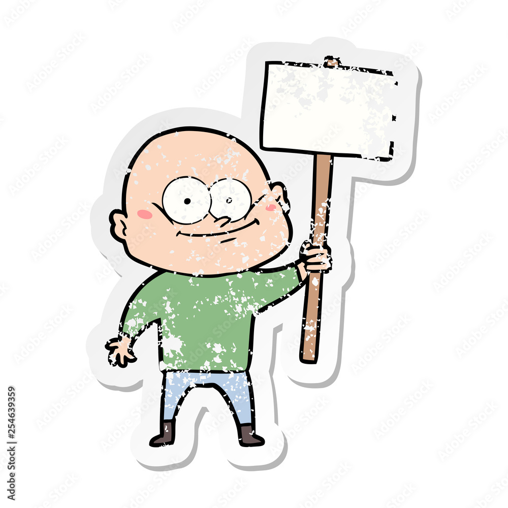 distressed sticker of a cartoon bald man staring with sign distressed sticker of a cartoon bald man staring with sign