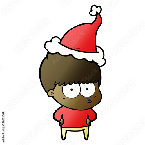 nervous gradient cartoon of a boy wearing santa hat