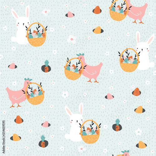 Happy Easter seamless pattern with cute bunny, hen and holiday basket. Vector hand drawn illustration.