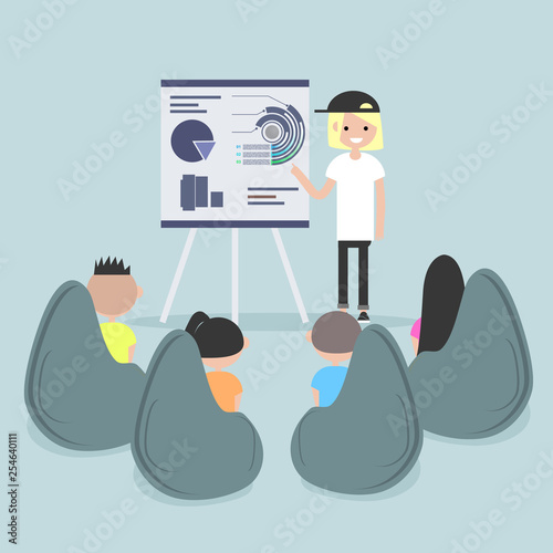 Staff education. Office workshops and seminars.Career. Modern workers. Flat cartoon design.Clip art