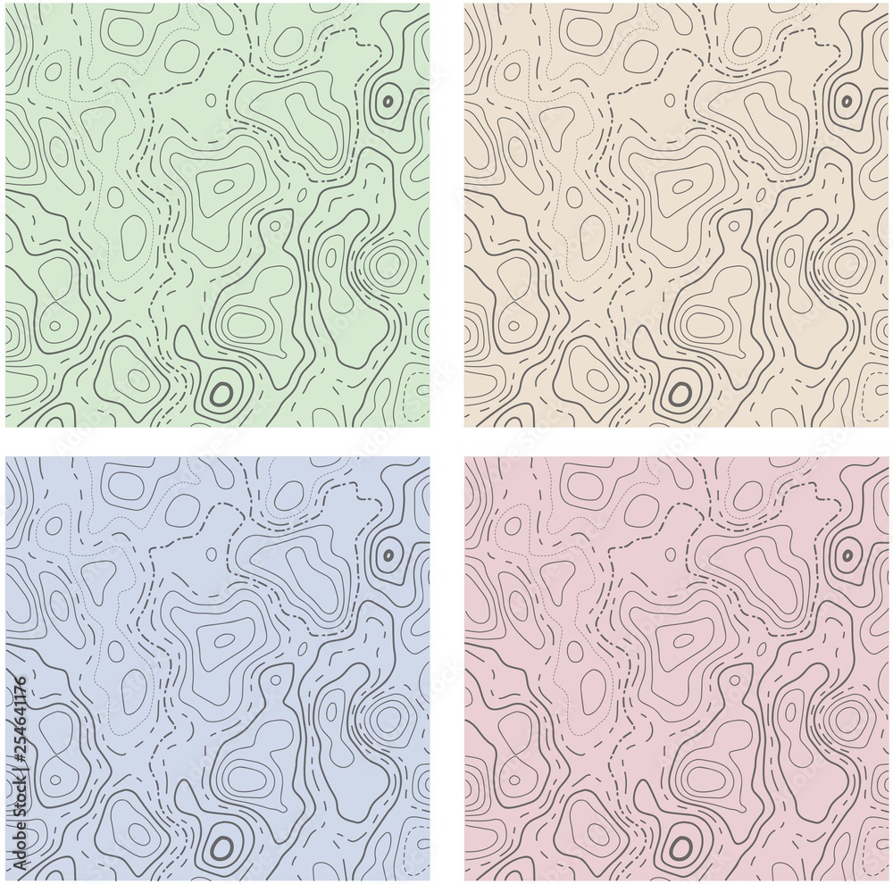 Fototapeta Set of four seamless topographic map patterns. Different shades of the background. Vector illustration.
