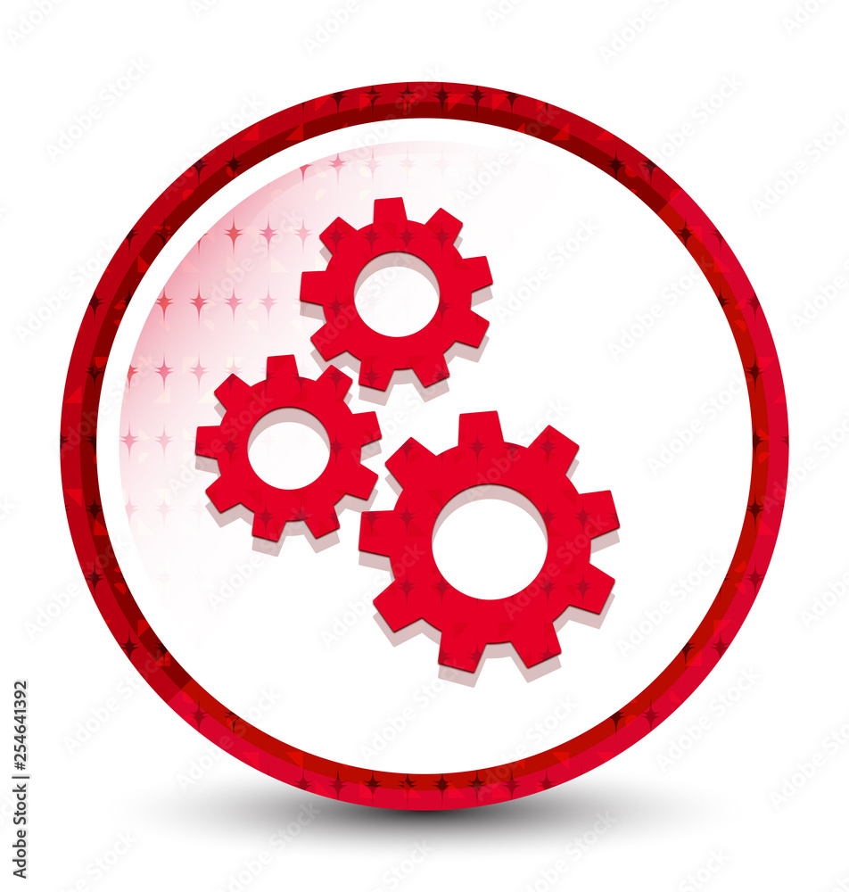 Gears icon misty frozen red round button Gears icon misty frozen red round button