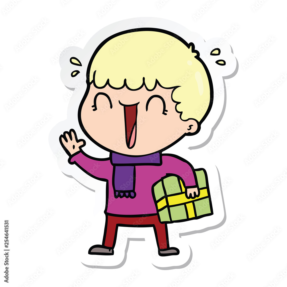 sticker of a laughing cartoon man with present